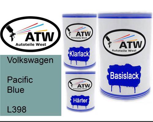 Volkswagen, Pacific Blue, L398: 500ml Lackdose + 500ml Klarlack + 250ml Härter - Set, von ATW Autoteile West.